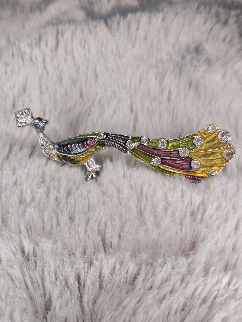 Vintage Enamel Peacock Brooch Pin Rhinestone Bird Figural Green Purple